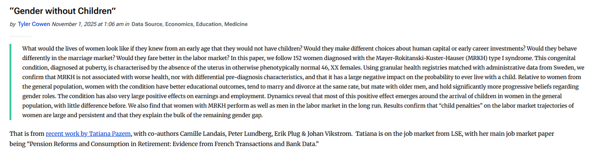 Phenomenal work. One thing it shows super clearly:

Women who know they will never have biological children nonetheless don't pursue different careers, don't get very much more education, don't marry at lower rates!

Consistent with NO selection effect on fertility!