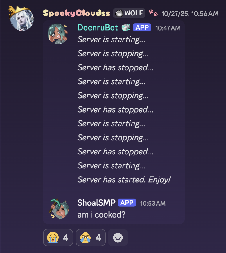 TheShoalServer's tweet photo. I meant to post this yesterday and then forgot so... here's us struggling with updating the Minecraft server for your weekly enjoyment https://t.co/ttbawvhTap