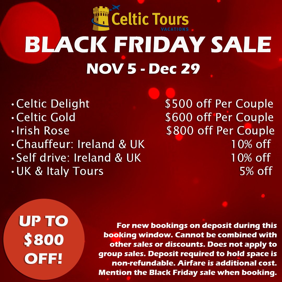 Black Friday came early! Starting this week big savings are coming to you on our most popular tours! Give us a call starting Nov 5 to book and take advantage.📞

#blackfriday #sale #travel #europetravel #ireland #tours #vacation #holidays #smallbusiness #celtictours #uk #italy