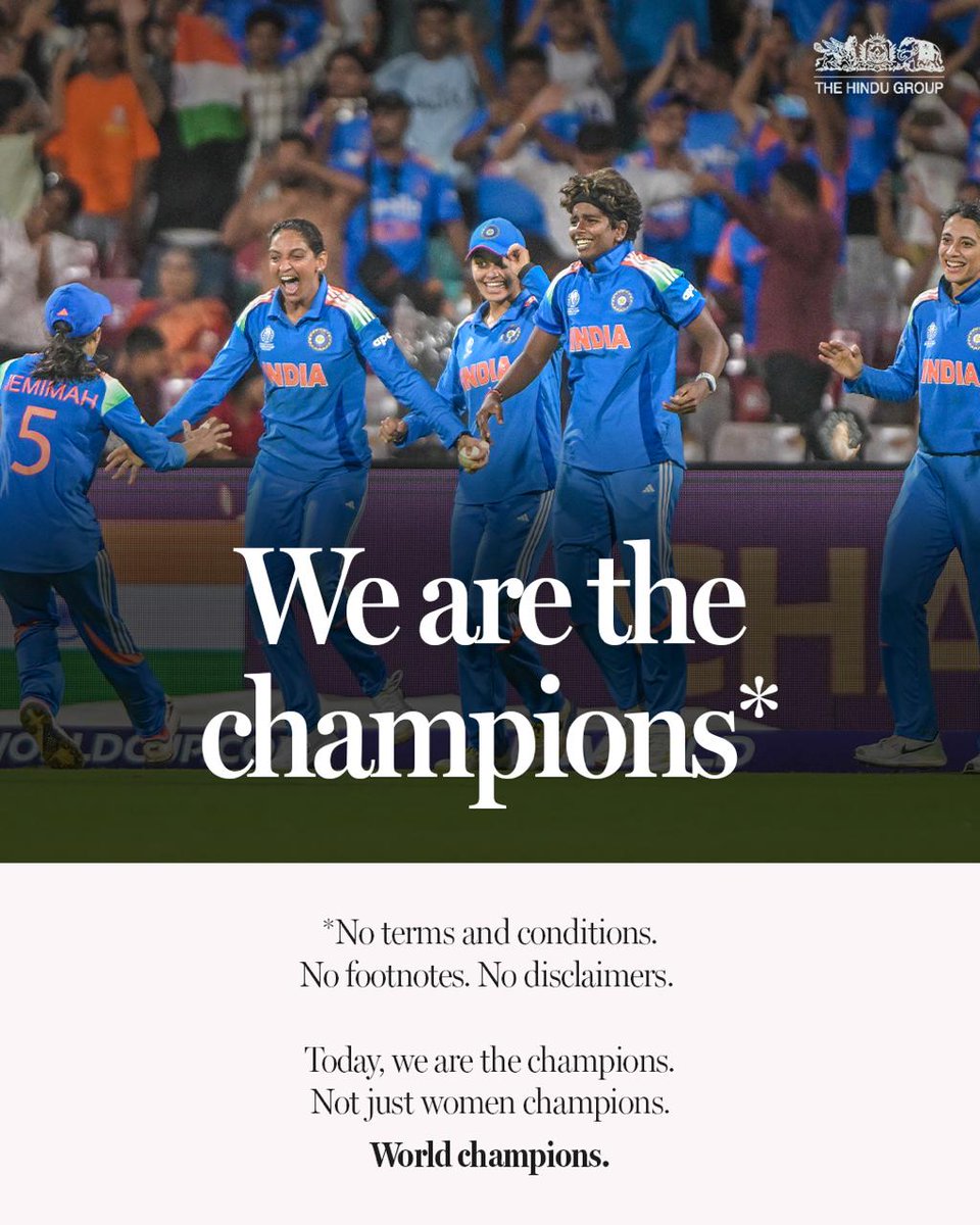 the_hindu's tweet photo. The cup comes home.
History made. Records shattered. Hearts won. 
Congratulations, Team India.

#WomensWorldCup2025 #India https://t.co/g4WdpxXF5p