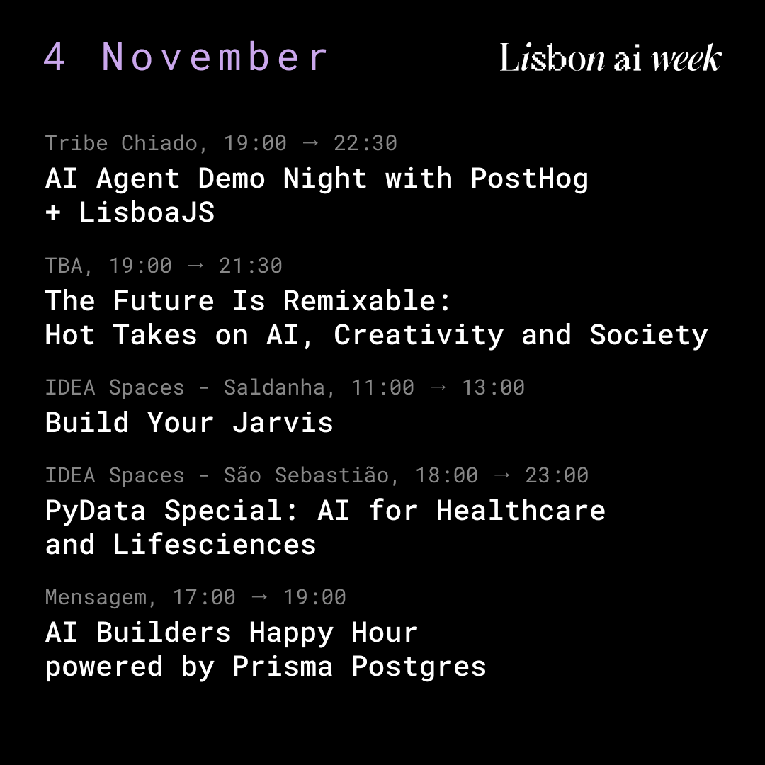 💡Day 3 of #LisbonAIWeek and #Lisbon keeps buzzing with #AI energy. From <a href="/posthog/">PostHog</a> Demo Night &amp; <a href="/Ambistream/">Ambistream</a>'s creative debates to <a href="/meganammari/">Megan Ammari</a>'s workshop, Loka’s #HealthcareAI session &amp; <a href="/prisma/">Prisma Postgres</a>'s Happy Hour - innovation never stops. 🚀