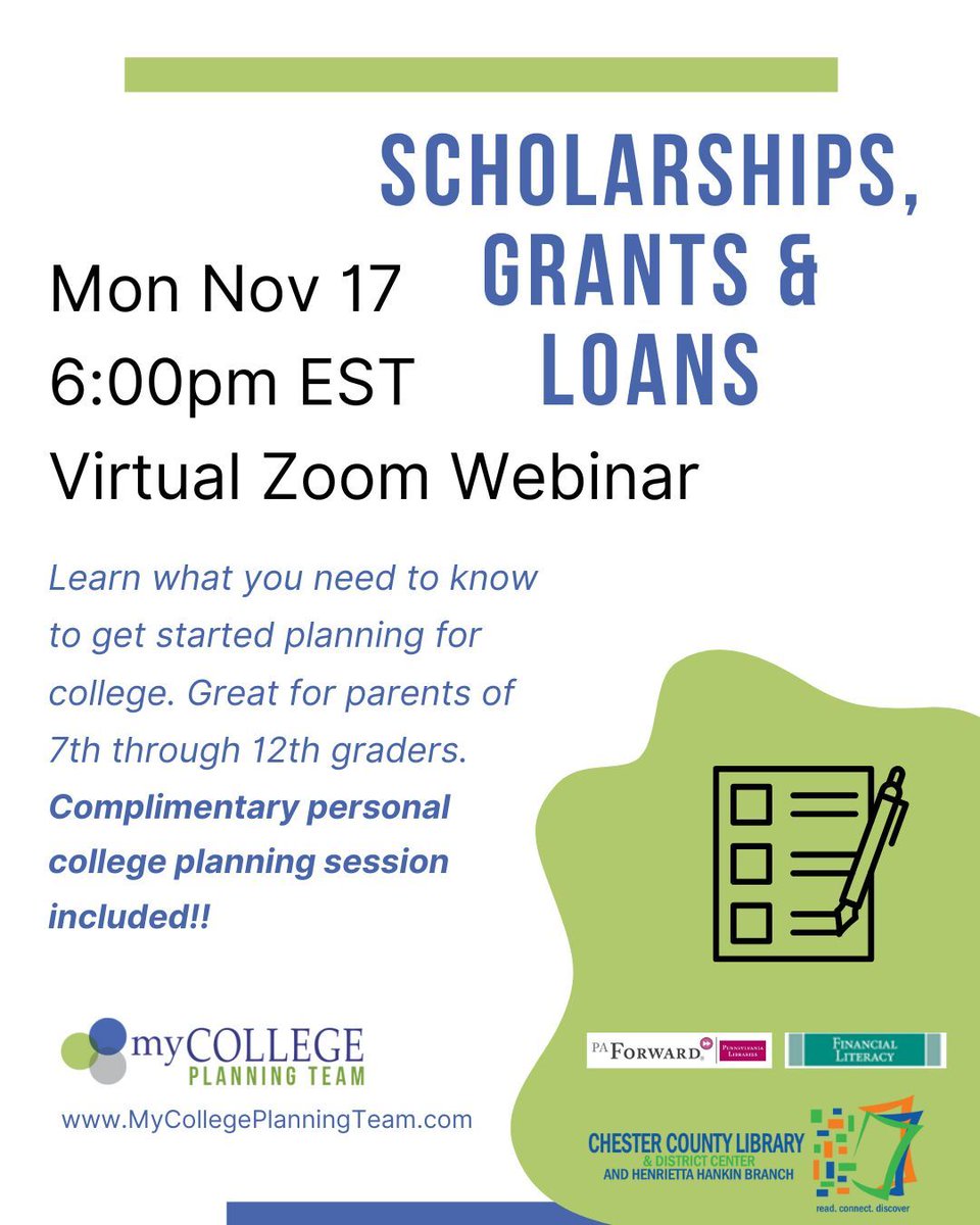 HankinLibrary's tweet image. Learn what you need to know to get started planning for college at our virtual webinar on SCHOLARSHIPS, GRANTS &amp;amp; LOANS to be held on MON NOV 17 at 6 pm.

Great for parents of 7th-12th graders.

Register here: buff.ly/dyteygy 

#HankinLibrary #PaForward #FinancialLiteracy