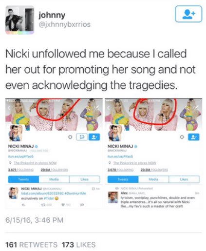 goofiesthoe's tweet photo. Nicki Minaj has NEVER advocated for gay people. Her fans called her out in 2015 for staying quiet on the Pulse nightclub shooting and THIS was her response. https://t.co/waelqbjaJR