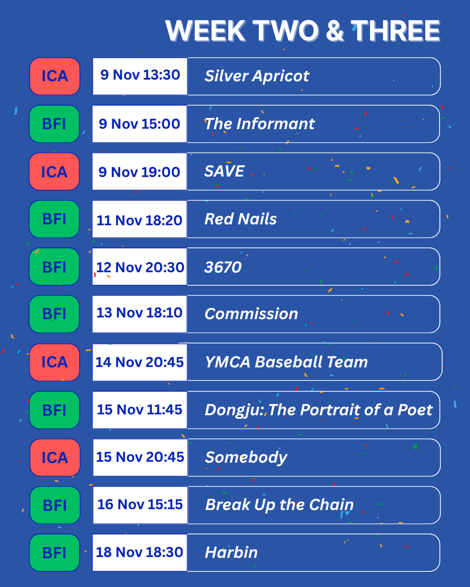 The London Korean Film Festival is starting this Wednesday! 
Here’s an overview of the screenings so you can plan your festival schedule ahead.

🎉Can’t wait to celebrate our 20th birthday with you all!
