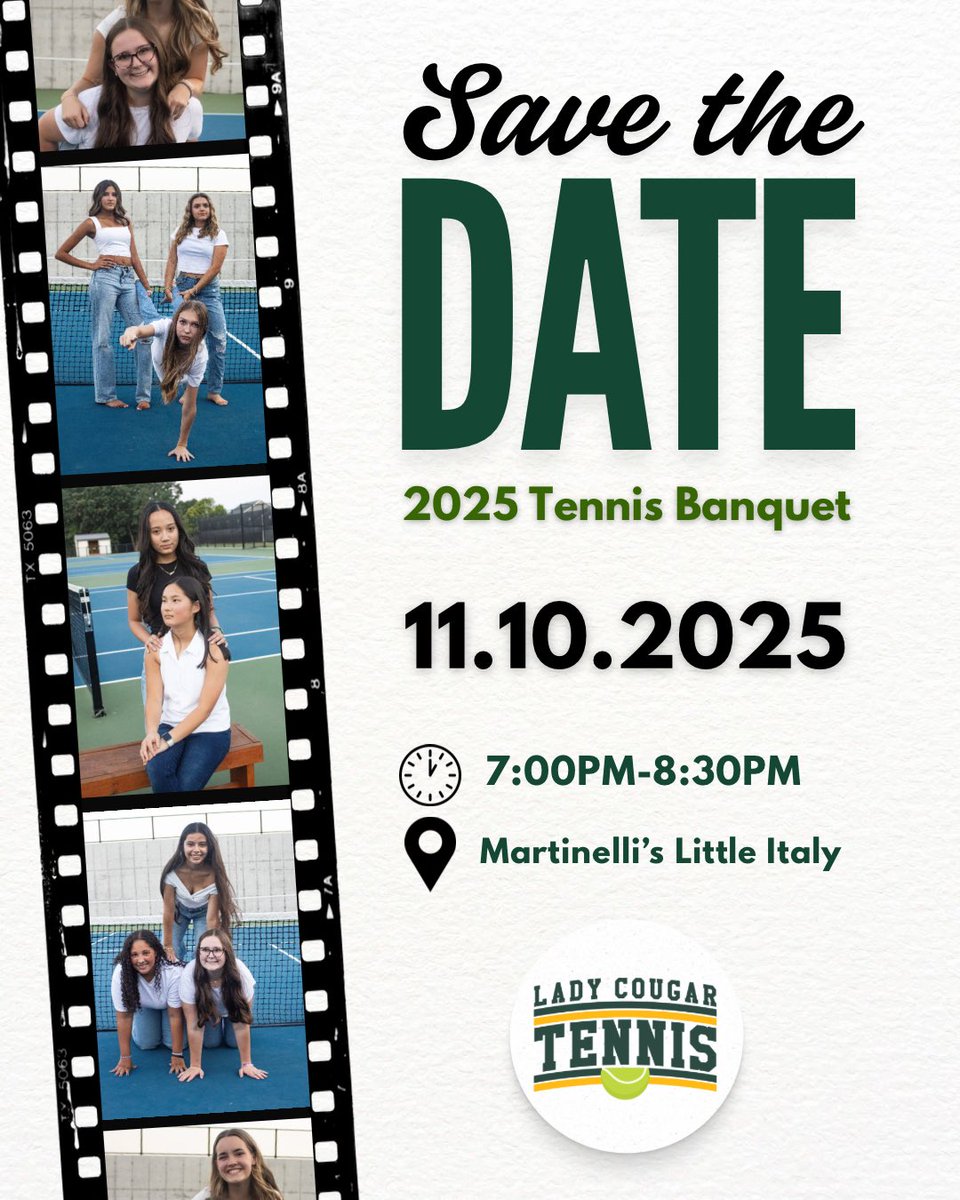 𝙎𝘼𝙑𝙀 𝙏𝙃𝙀 𝘿𝘼𝙏𝙀! Our 2025 Team Tennis Banquet is 1 week away on Monday, November 10th from 7-8:30PM at Martinelli’s! All players: please make sure you’re checking the team GroupMe chat still for updates from coach regarding the banquet. Can’t wait to see everyone! 💚