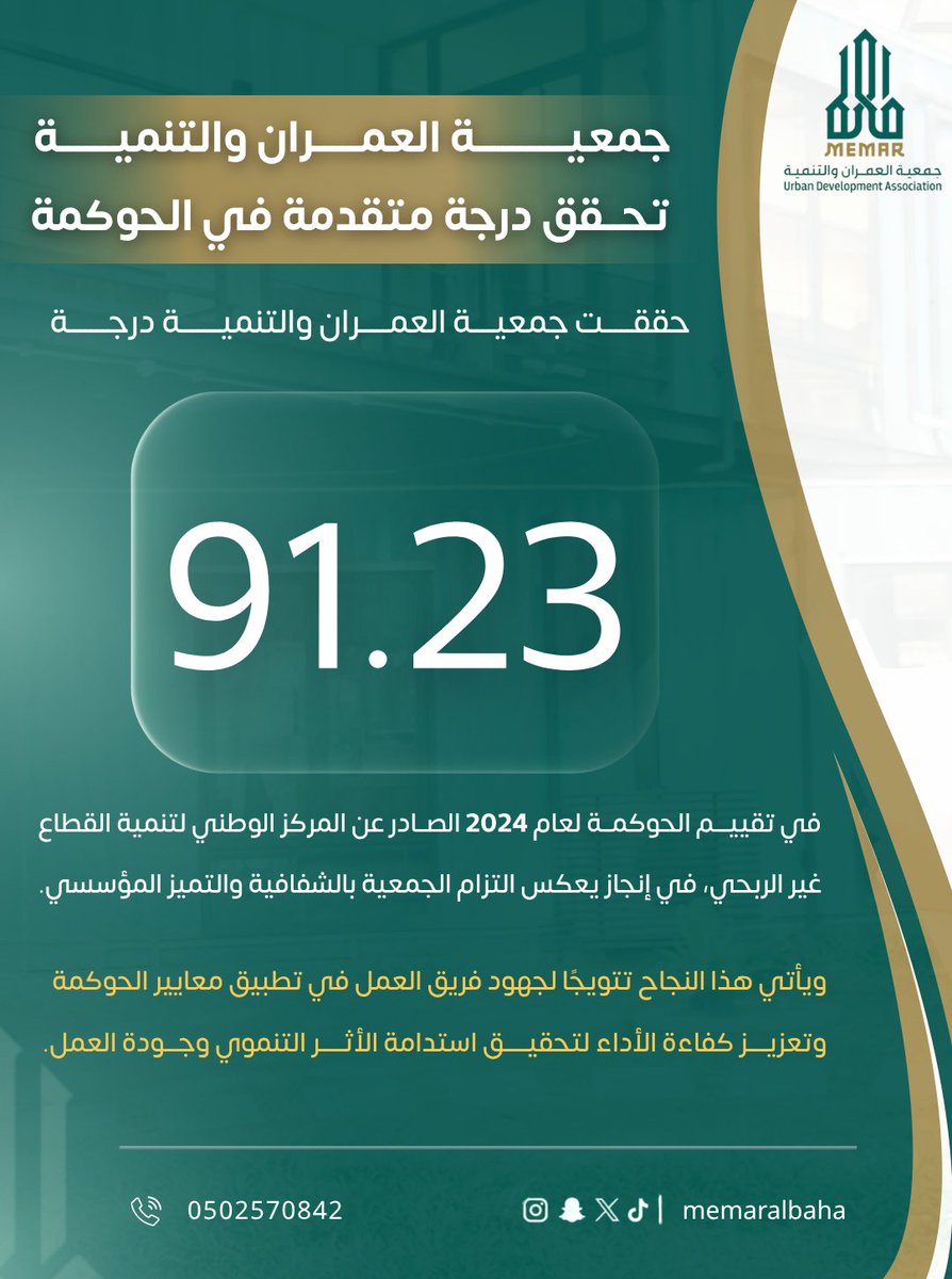 حققت جمعية العمران والتنمية درجة (٩١.٢٣) في تقييم الحوكمة لعام 2024 الصادر عن المركز الوطني لتنمية القطاع غير الربحي

ويأتي هذا النجاح تتويجا لجهود فريق العمل في تطبيق معايير الحوكمة وتعزيز كفاءة الأداء لتحقيق استدامة الأثر التنموي وجودة العمل..
