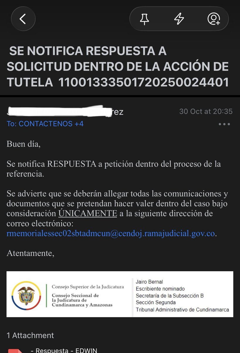 edmanc's tweet photo. @tacundinamarca Then I received this email: future filings must be sent outside the official registry (where filings are timestamped and traceable) — “ONLY” to a private inbox.
No registry. No timestamp. No public trace.
#Transparency #RuleOfLaw #colombiajustice https://t.co/IO0gxupsX1