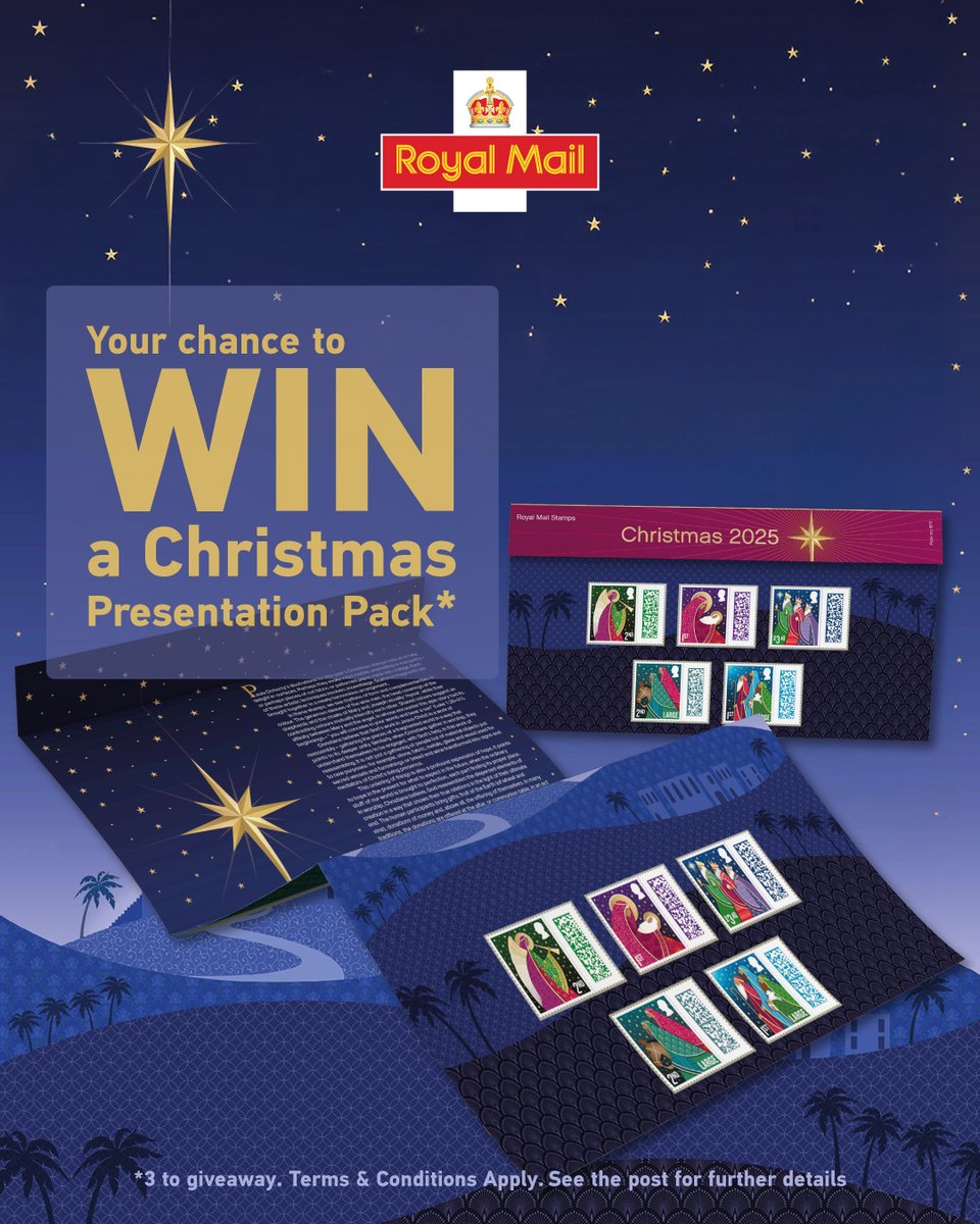 Here's your chance to win a Christmas 2024 Presentation Pack (3 to give away). 

Q. According to the Nativity story, which king ruled Judea?

To enter, like+RT+reply below with the correct answer by 11:59pm on 10/11/2025

18+ UK only. Ts &amp; Cs: royalmail.com/d8/socialmedia…