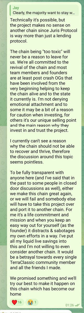 My personal public statement as founder of <a href="/JurisProtocol/">Juris Protocol</a> and $LUNC post-crash OG re moving to another chain. $JURIS is more than just a lending protocol, it's a community movement &amp; hail mary for restoration of the #TerraClassic Blockchain. Nobody said it's going to be easy 👇