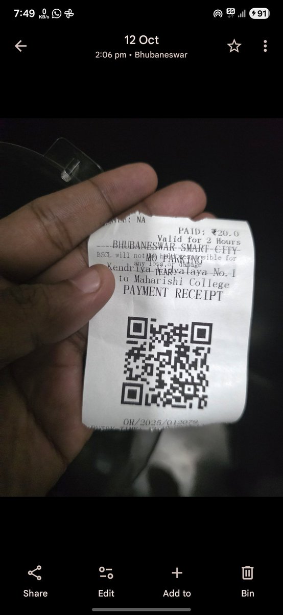 DC_ExtUniverse's tweet photo. @bmcbbsr I parked my bike near Aasife Biryani on Janpath Road on October 12th, 2025. The person collecting the parking fee gave me a torn ticket that had no details- no info about whether it was for a 2-wheeler or 4-wheeler,no time mentioned, nothing. I unknowingly paid ₹20(1/3) https://t.co/lO8w6QcmNC