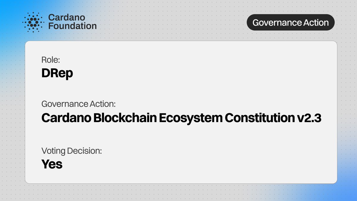 Cardano_CF's tweet image. As a DRep, we voted YES on the New Constitution GA. ✅

This version represents an improvement over the current constitution, incorporating valuable on-chain feedback from the community.

It strengthens accountability, improves clarity, and streamlines the governance process.