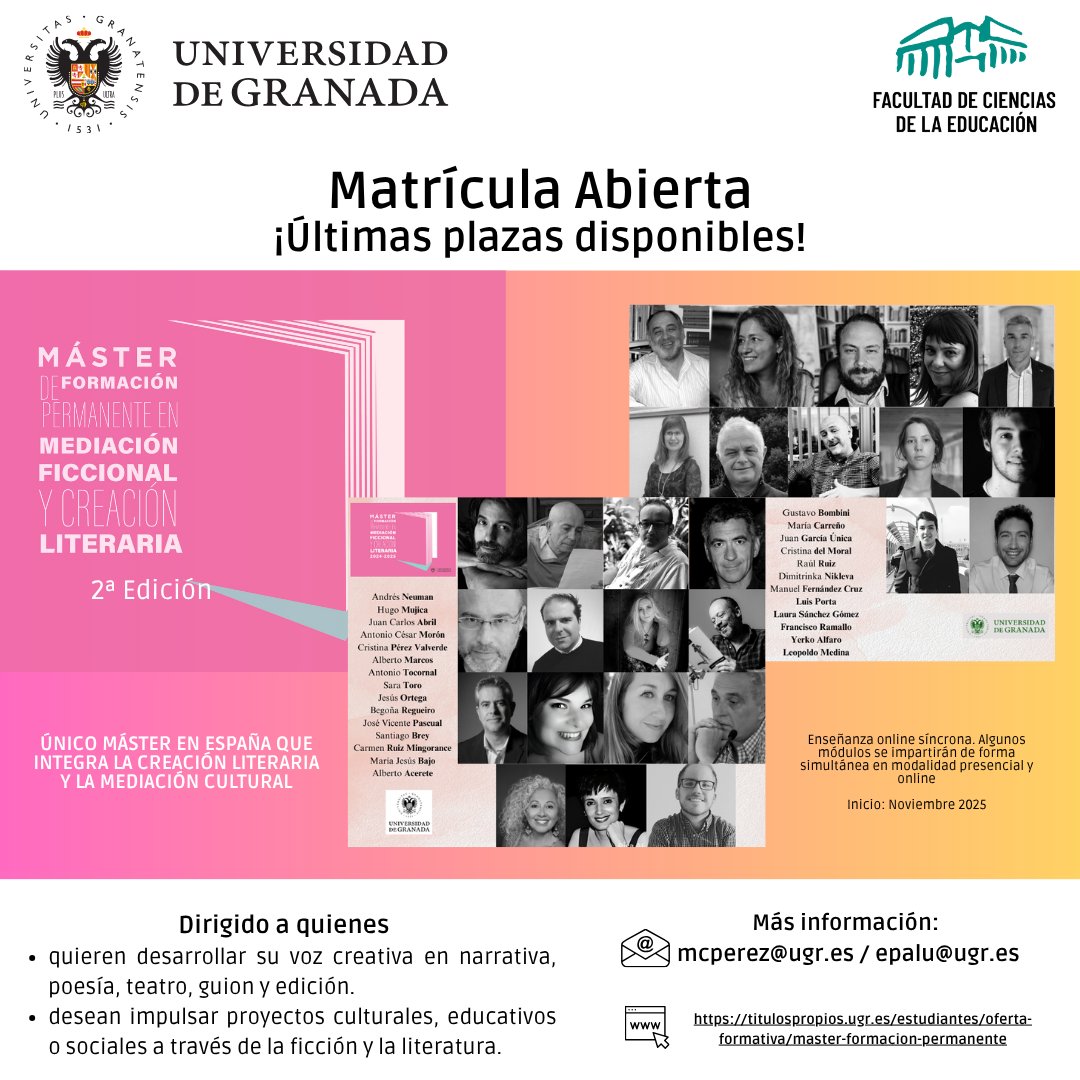Pergamino_Lit's tweet photo. ¿Te apasiona la literatura?¿Trabajas en proyectos culturales?
Este máster único en España, ofertado por la Universidad de Granada, combina escritura creativa, mediación cultural y educación literaria, formando profesionales capaces de transformar realidades a través de la palabra https://t.co/OyDoELaRXm