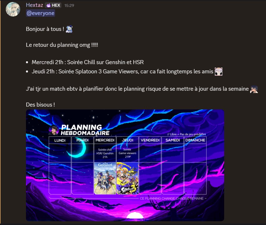Planning twitch de la semaine 03/11 au 09/11 !

#twitch #Splatoon3 #GenshinImpact