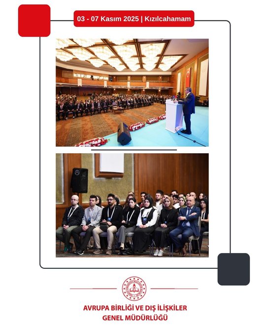 First image shows a poster with the Ministry of National Education logo and text announcing the 2024 YLSY Scholarship Recipients Vision and Awareness Training Program start organized by the Higher Education and Foreign Education General Directorate in Ankara Kizilcahamam with details on the event. Below the poster is a photo of a large audience seated in a conference hall facing a stage with Turkish flags and banners. Second image features a close-up of a man in a suit speaking at a podium with a screen displaying the program title and date 03-07 May 2025 Kizilcahamam behind him and a crowded audience in a grand hall with chandeliers. Third image depicts another speaker a man in a suit at the podium with microphones and a screen showing the Turkish flag and program details alongside a group of attendees including men and women in formal attire seated at tables. Fourth image illustrates a wide view of the elegant conference venue with ornate ceilings red carpets and a stage where a speaker stands at the podium with an audience of formally dressed individuals seated in rows.