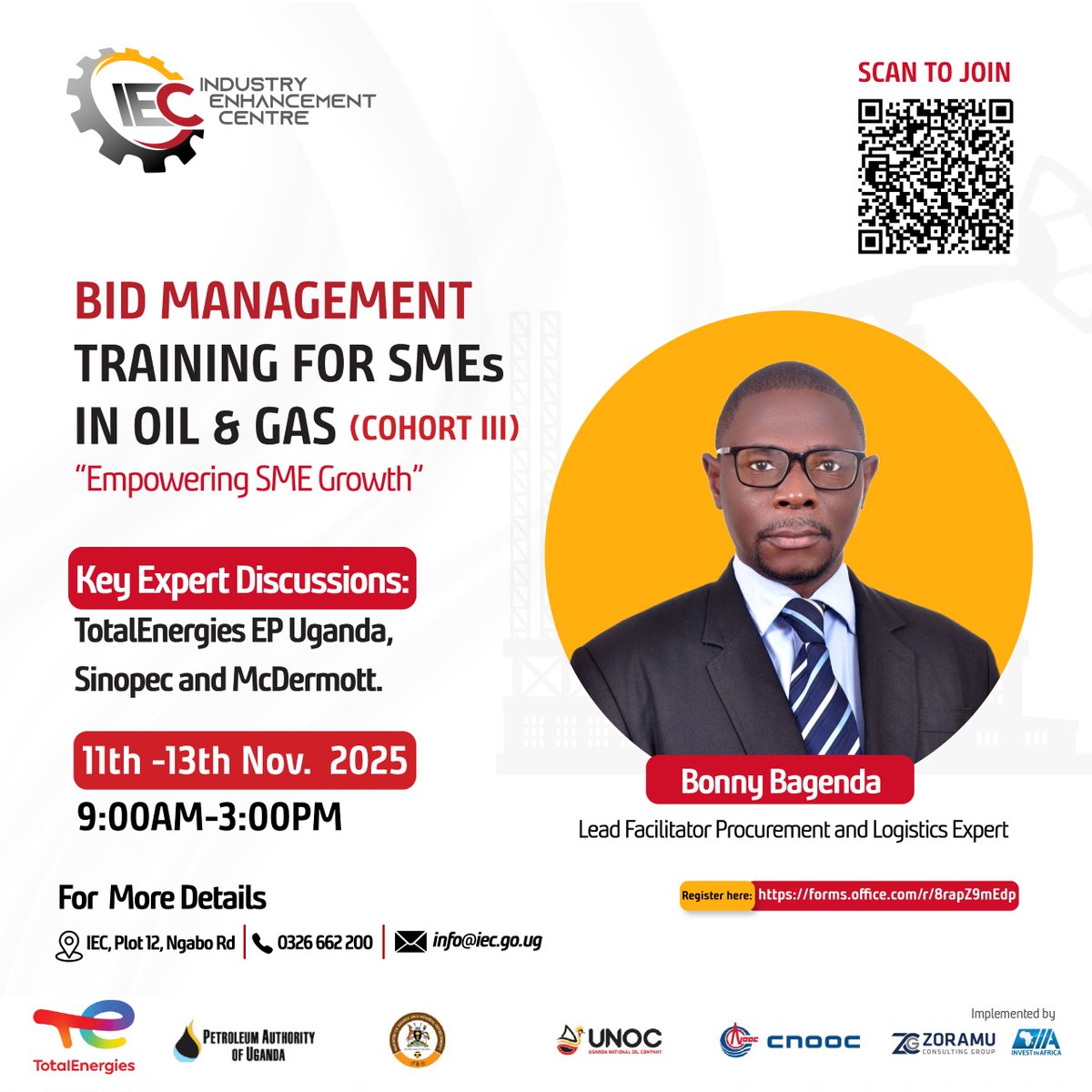 The <a href="/IECUganda/">The Industry Enhancement Centre</a>  will conduct the Bid Management Training for SMEs in Oil &amp; Gas (Cohort III) from 11th–13th November 2025, 9:00AM–3:00PM.

The session will feature expert discussions from <a href="/TotalEnergiesUG/">TotalEnergies Uganda</a>  , Sinopec, and McDermott, under the theme “Empowering SME Growth.”