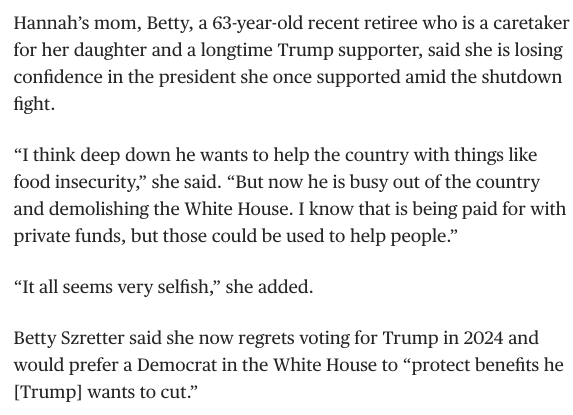 .<a href="/NBCNews/">NBC News</a> talked to a Trump voter whose daughter gets SNAP benefits. She said said she's furious about how little he's fixing the economy and regrets her vote -- said the ballroom renovations are "selfish"

nbcnews.com/politics/donal… by <a href="/Mdixon55/">Matt Dixon</a> <a href="/jonallendc/">Jonathan Allen</a> <a href="/HenryJGomez/">Henry J. Gomez</a>