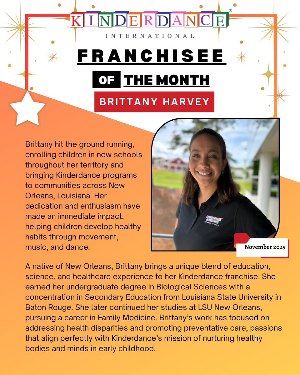 Congratulations to Brittany Harvey with Kinderdance of Nola for being chosen as the franchisee of the month for November 2025!
#kinderdanceinternational #enrichmentprogramsforkids #franchiseeofthemonth #franchisebusiness #makingadifference #buildingalegacy #danceandmotion