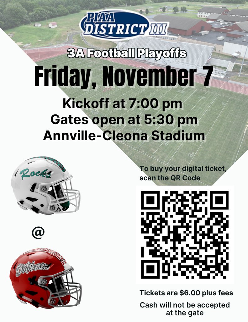 To attend the District III football playoff game this Friday, you need to buy your tickets online. Each ticket costs $6.00, plus fees. Here is the link to buy the tickets.  
events.hometownticketing.com/boxoffice/piaa…