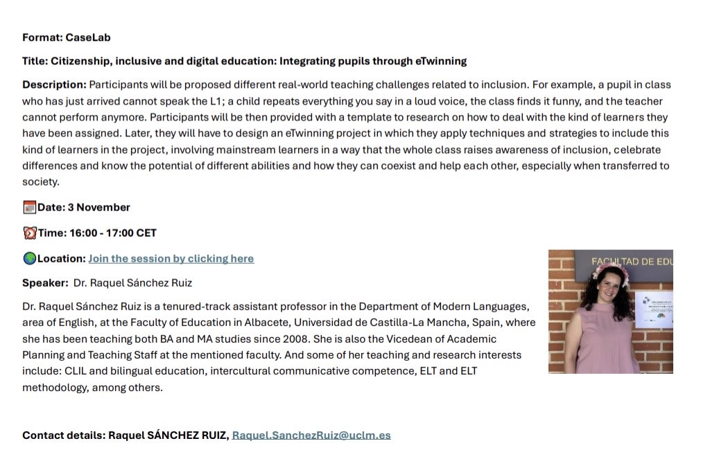 RaquelSRUclm's tweet photo. Do not miss my CaseLab on Citizenship, inclusive and digital education: Integrating pupils through eTwinning at 16.00 CET.
#uclm #facultaddeeducacionalbacete #eTwinning #caselab https://t.co/ieF51pOLSH