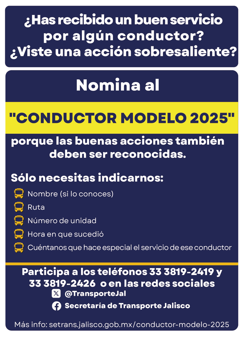 TransporteJal's tweet photo. Es momento de que nomines al #ConductorModelo del mes de noviembre, si consideras que alguna o alguno de ellos puede ser el siguiente que reciba este reconocimiento por su gran labor, ayúdanos a nominarlo. 🚍

Aquí te decimos lo que se necesita. 👇 https://t.co/7ps29KB87e