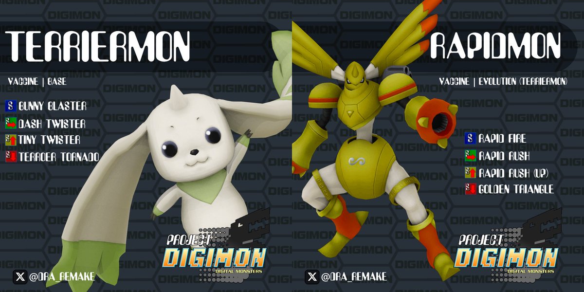 DRA_Remake's tweet image. Terriermon is an all-arounder who quickly engages, disengages, before punishing from afar. They evolve to Rapidmon, who amplifies this strat. They unleash a homing missile barrage and instant melee before sweeping with a free-flight laser!

#projectdigimon #terriermon #Rapidmon