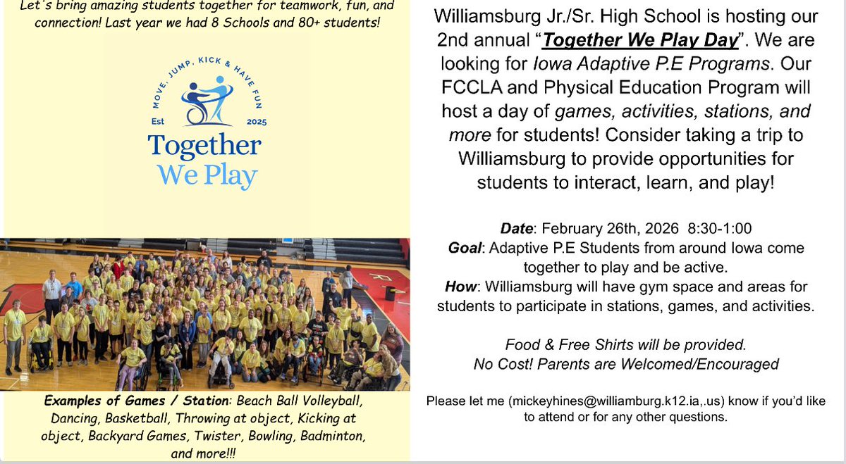 The_MJHines2's tweet photo. Save the Date! 2nd Annual Together We Play Day hosted by Williamsburg Jr./ SR, High school will be on February 26th, 2026! Adaptive PE Programs from across the state will come together for exercise, fun, movement, and play! Reach out today and hope to see you there! https://t.co/yo3bWjcnlq