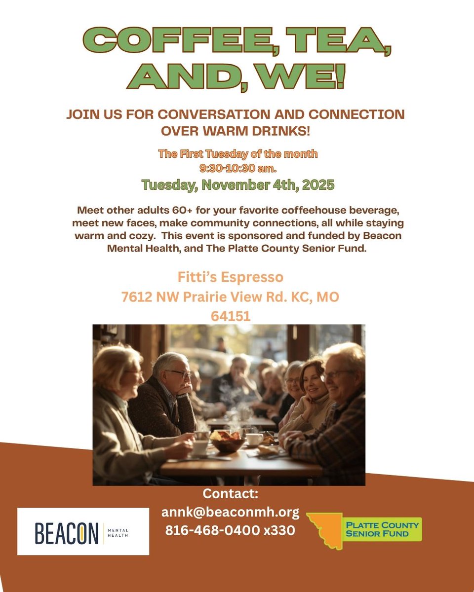 Join fellow adults aged 60+ for a cozy coffeehouse gathering where you can sip your favorite beverage, connect with new faces, and build meaningful community ties—all in a welcoming, relaxed atmosphere. Sponsored by Beacon Mental Health and the Platte County Senior Fund.
