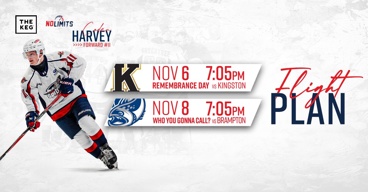 This weeks Flight ✈️ Plan presented by @thekegsteakhouse 🥩 Fans, we will see you Thursday for a matchup vs. @kingstonfrontsohl then on Saturday as we host @ohlsteelheads 🐟 Get your tickets online at windsorspitfires.com or at the box office! #windsorspitfires #nolimits