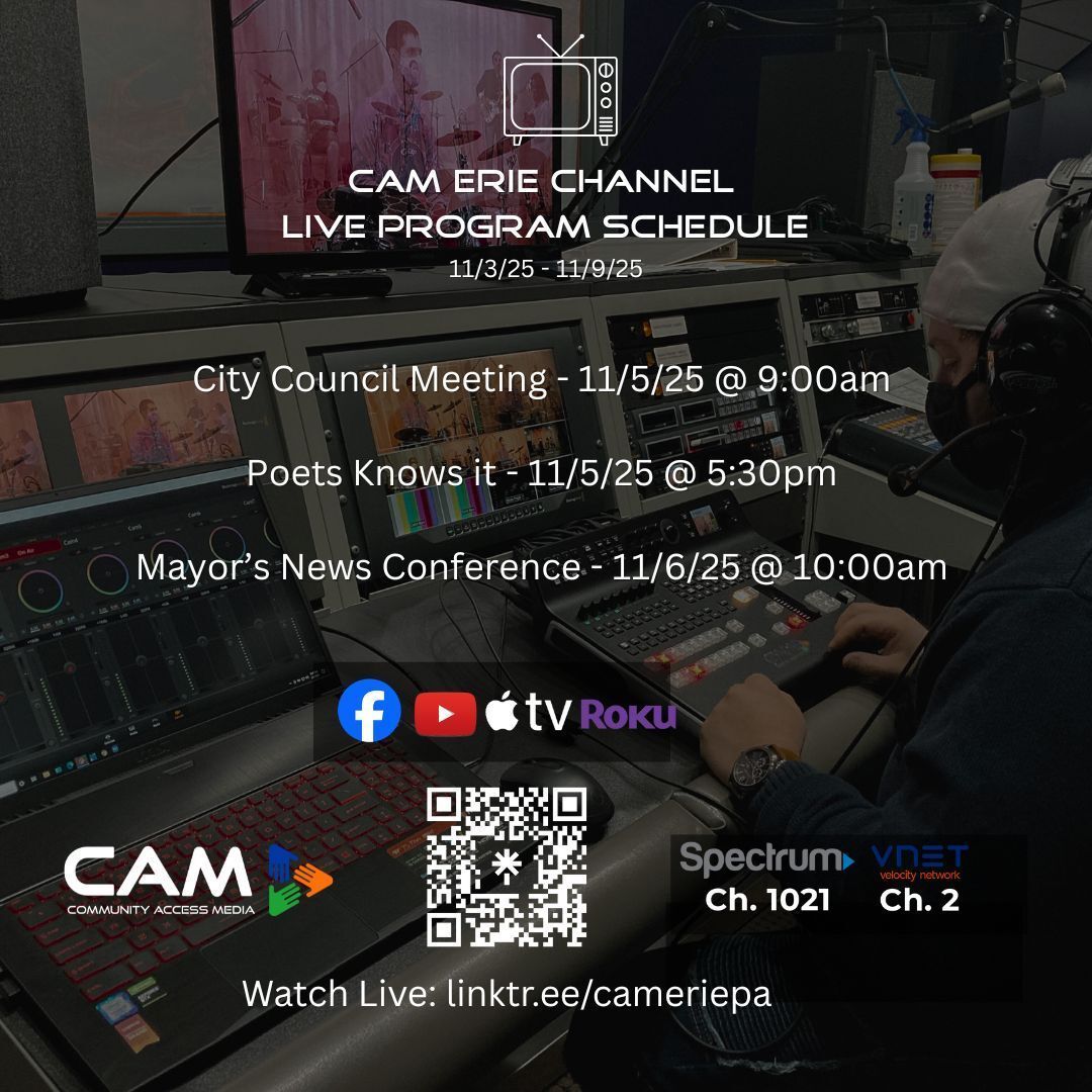 CAMEriePA's tweet image. Our weekly live programming lineup for the week of 11.3.25 to 11.9.25.  Explore our full schedule at camerie.org/vod. Catch the live broadcasts on Roku or Apple TV by installing our CAMEriePA app. #CAMERIEPA #LIVEPROGRAMMING #CITYOFERIE