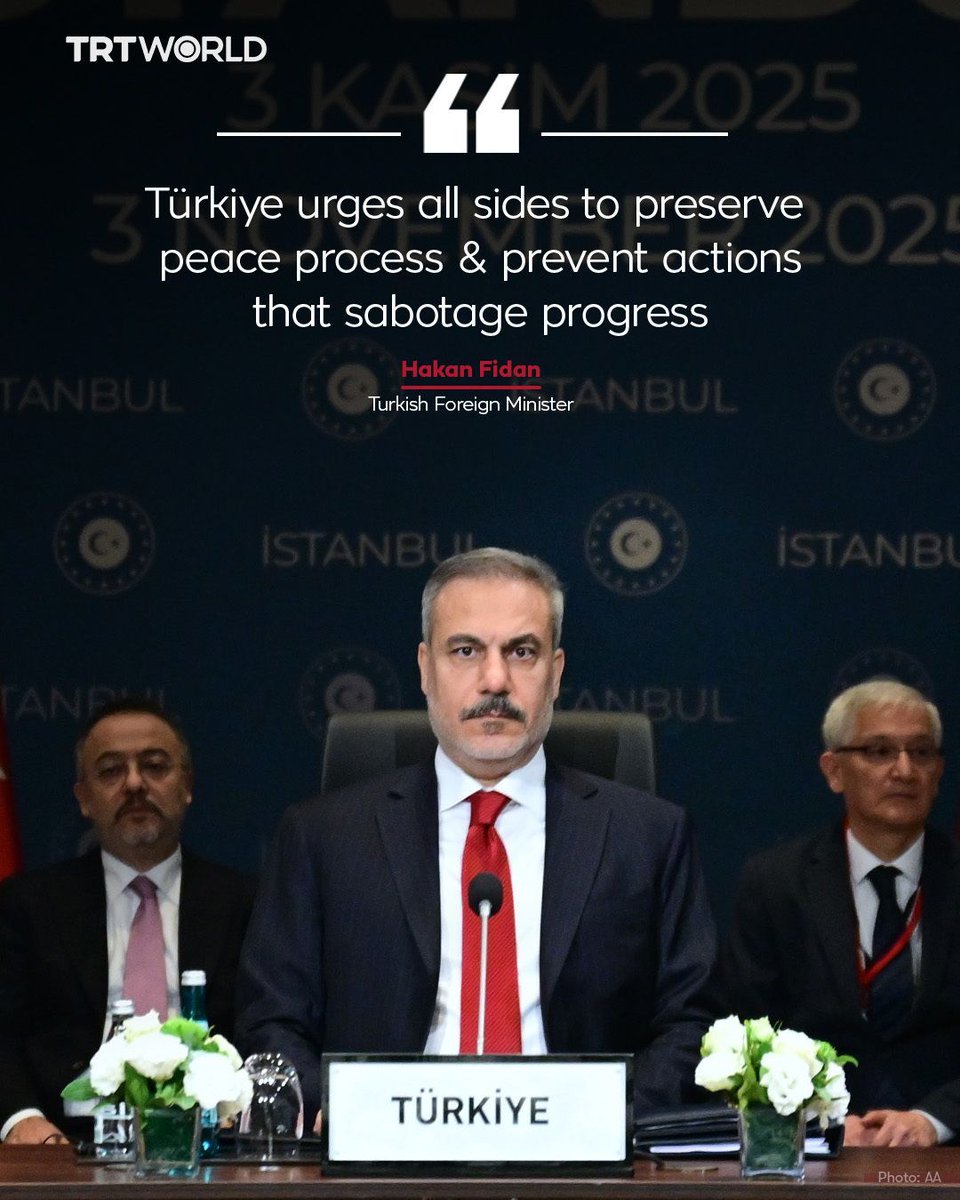After meeting top diplomats of key Muslim countries on Gaza in Istanbul, Turkish Foreign Minister Fidan slams Israel for its regular violations of ceasefire, urges Tel Aviv to allow aid into Gaza

🔗 trt.world/chkp