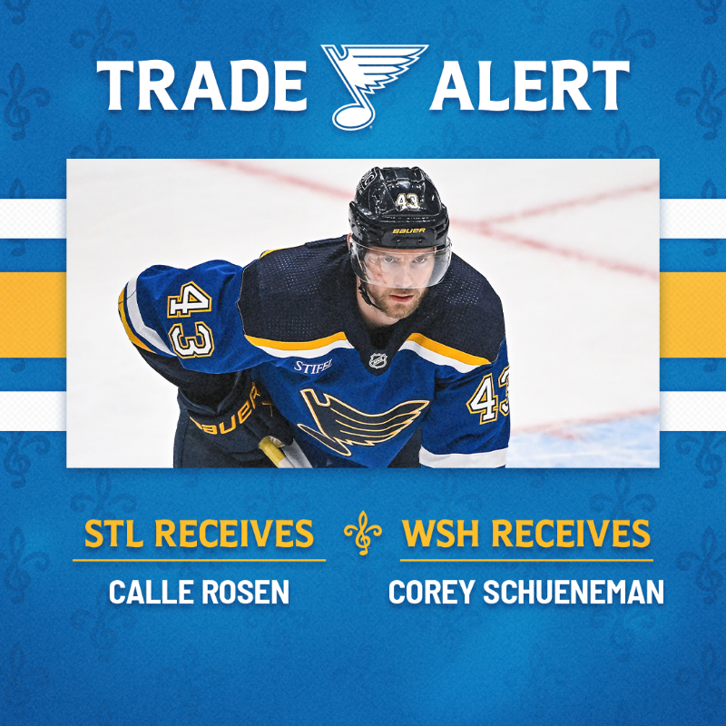 StLouisBlues's tweet photo. The Blues have acquired defenseman Calle Rosen from the Washington Capitals in exchange for Corey Schueneman. #stlblues 

DETAILS ➡️ https://t.co/8886jeJpZZ