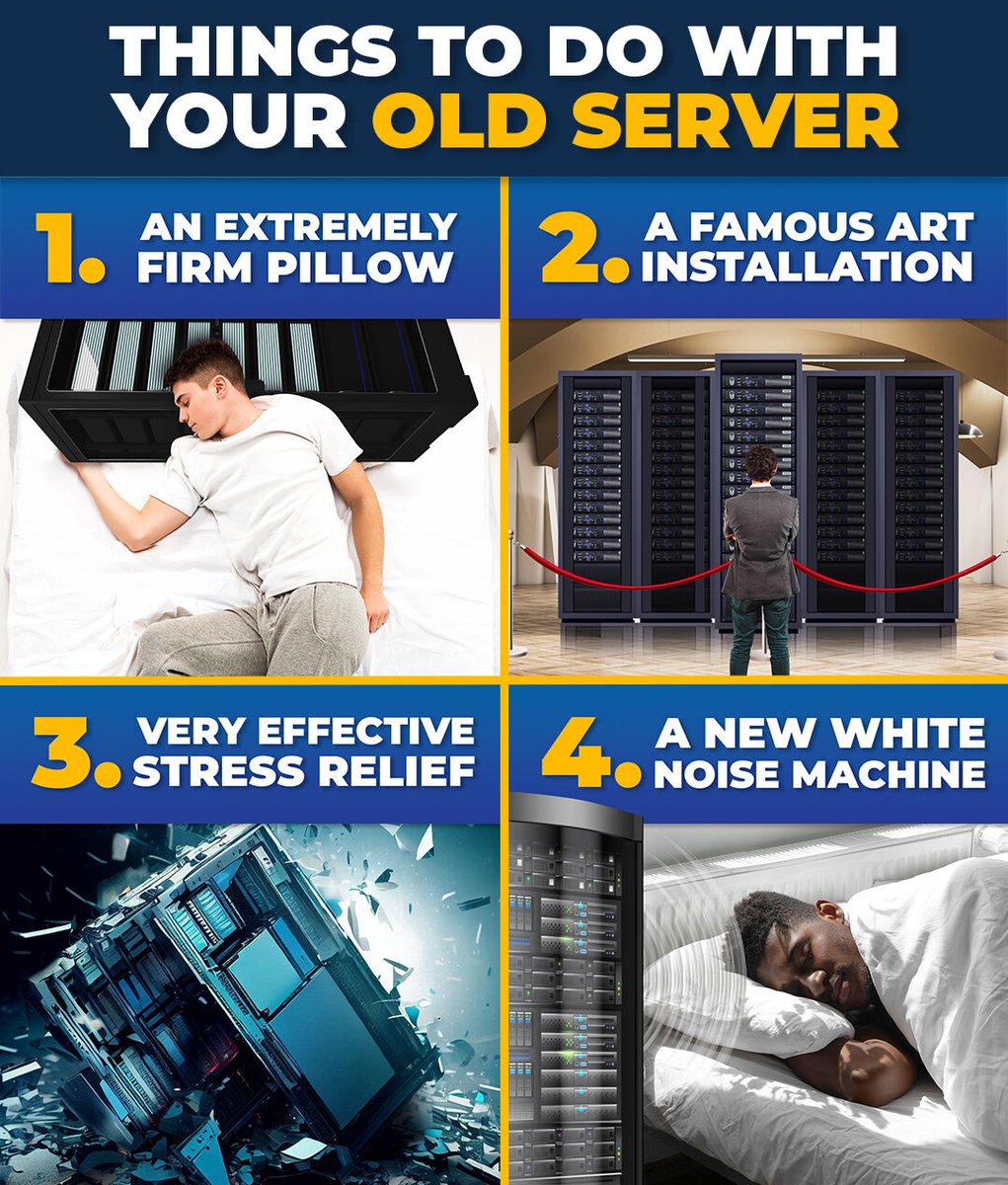 LVSimplyIT's tweet image. Your old server might be useless after moving to the cloud, but that doesn’t mean it can’t still serve a purpose! Here are a few creative ways to repurpose it while we handle your seamless cloud migration.

#SimplyIT #CloudMigration #ServerUpgrade #TechHumor #ITSimplified