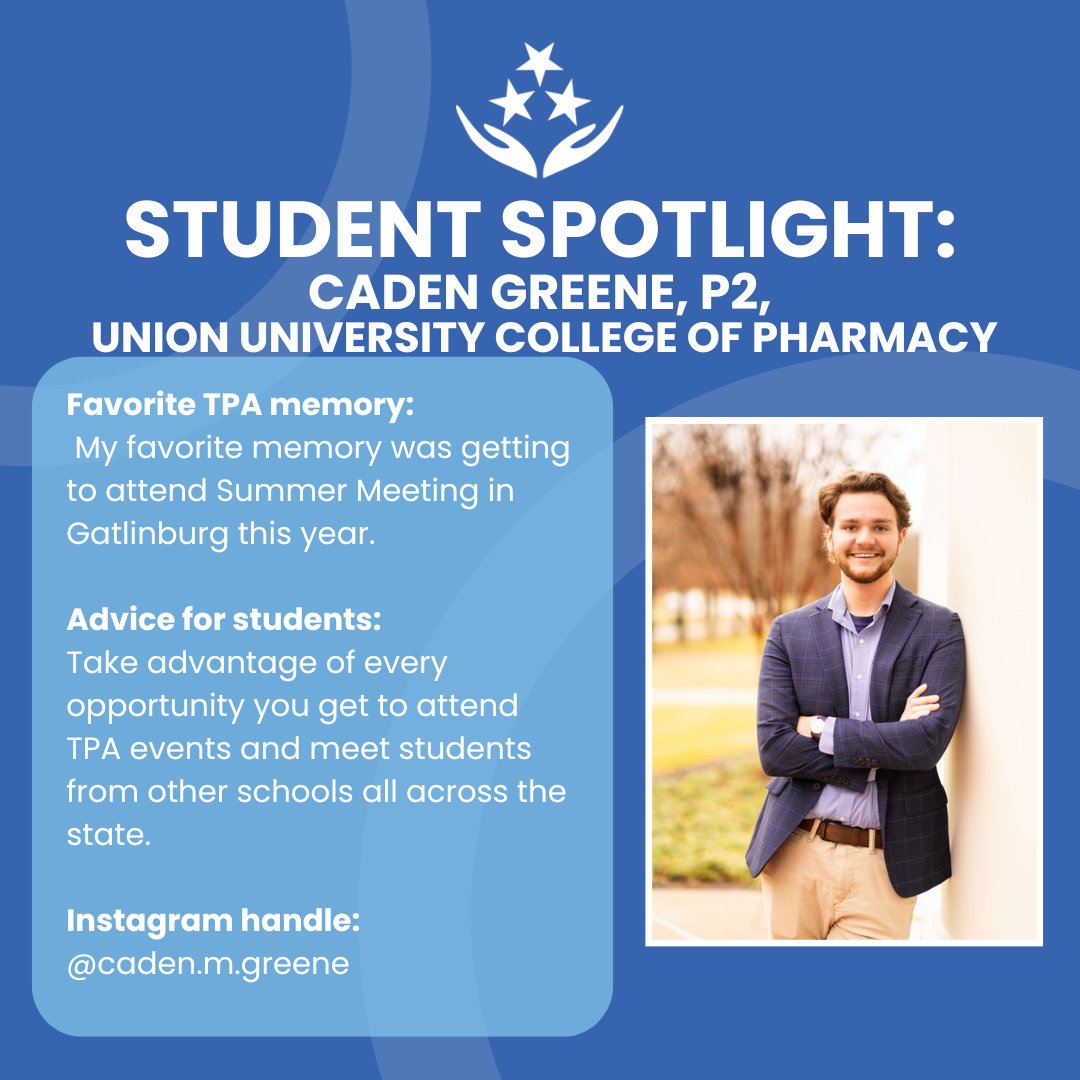 TNPharmacists's tweet image. Student Pharmacist Spotlight

Meet Caden Greene, a Second-Year Pharmacy Student at @uupharmacy 
 Be sure to follow Caden on Instagram: @caden.m.greene

#StudentSpotlight #FuturePharmacist #UnionUniversityPharmacy #GoBulldogs #TPA #PharmacyLife