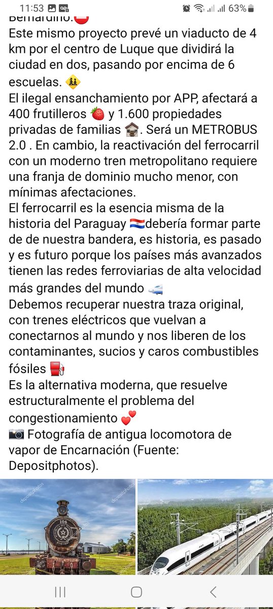 Basta de Negociados para las Constructoras!! SI AL TRANSPORTE PUBLICO EFICIENTE!! 
SI al Tren de Cercanías!! 
CC: <a href="/Luquenoticiaspy/">Luque Noticias</a> <a href="/azulyorodigital/">Azul y Oro Digital</a> <a href="/mopcparaguay/">MOPC Paraguay</a> <a href="/PresidenciaPy/">Presidencia Paraguay</a> 
Tuvimos tren hace 100 Años!! No Existe ningún motivo para no tenerlo ahora!!