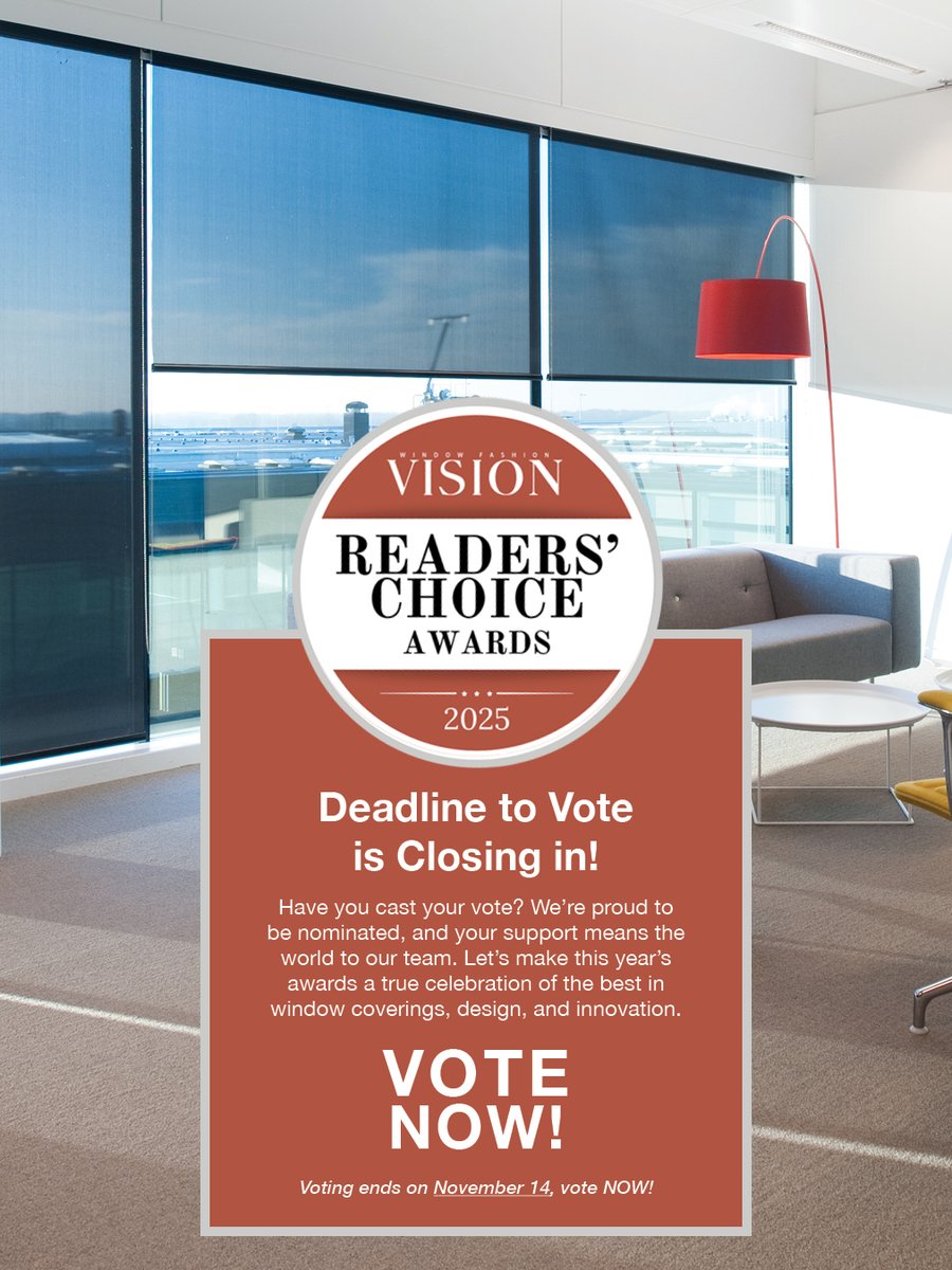 Deadline to vote is closing in for Window Fashion VISION’s first-ever Readers' Choice Awards, honoring the brands and professionals shaping excellence across the window coverings industry.

Voting ends November 14th. You may vote once per day. 👉 wf-vision.com/readers-choice…
