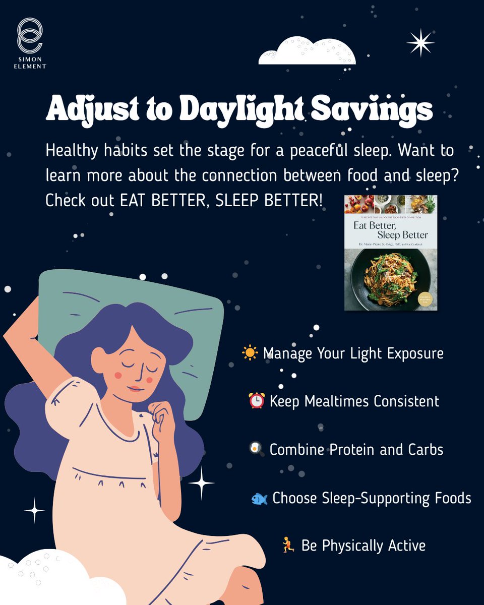 _SimonElement's tweet image. Struggling with the Daylight Savings time change? Your body&apos;s internal clock, or circadian rhythm, can get thrown off, but the right foods and habits can help you adjust.
Our book, EAT BETTER, SLEEP BETTER is filled with science-backed advice to guide you. Here are five tips to…