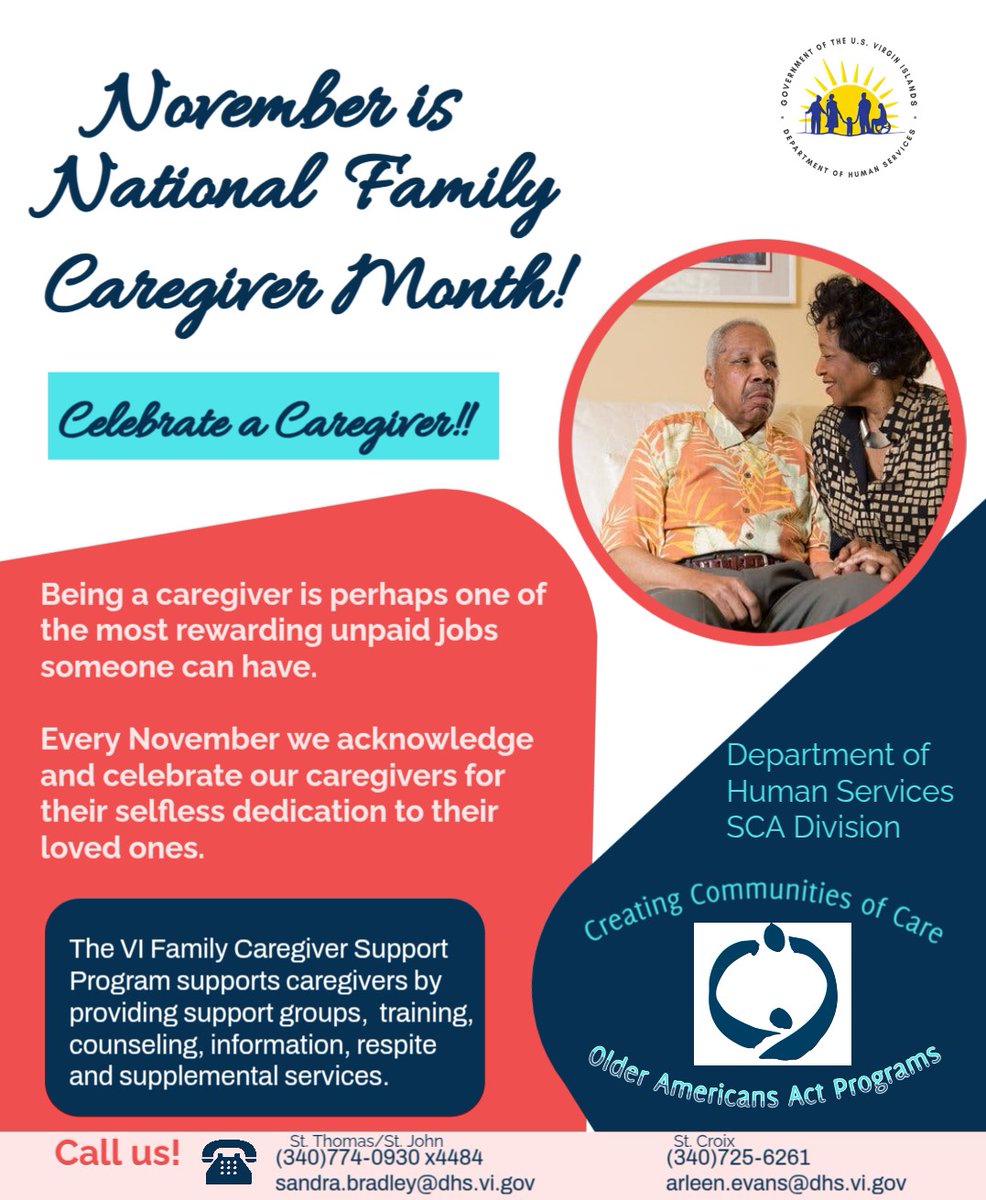 💜 November is National Family Caregiver Month! 💜 VIDHS – Division of Senior Citizens Affairs salutes caregivers who give love &amp; strength daily. 💕 Info: STT/STJ: Sandra Bradley (340)774-0930 x4484 | STX: Arleen O’Reilly (340)725-6261 #VIDHS #DHSOnTheRise
