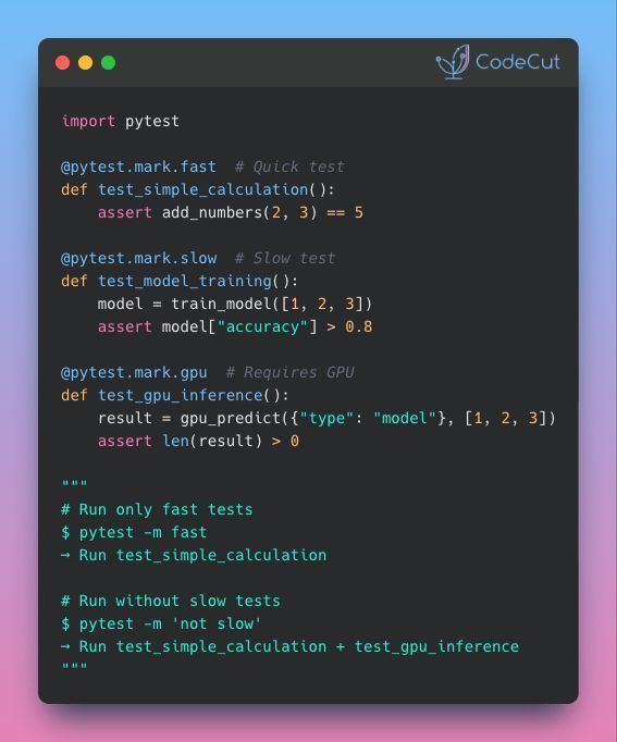 KhuyenTran16's tweet image. Run only the tests you need with pytest custom markers!

Large projects often contain hundreds of tests, and executing them all for every minor change quickly becomes inefficient.

Pytest markers let you group tests by type, speed, or resource usage so you can run only what…
