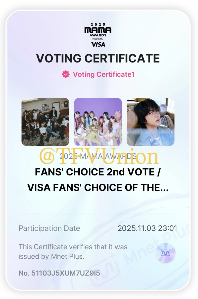 MAMA AWARDS 2025 🏆
2nd VOTING | DAY 6
 <MATCHING VOTE>

FANS’ CHOICE
✅ Female: Vote for TWICE 
✅ Male: Vote for TREASURE

VISA FANS CHOICE
✅ JIN

🎯 1000+ PROOFS ‼️

PLEASE CHECK THE ARTISTS YOU ARE VOTING FOR! 🚨

SHARE YOUR VOTING PROOFS

I vote for #TWICE at #2025MAMAVOTE