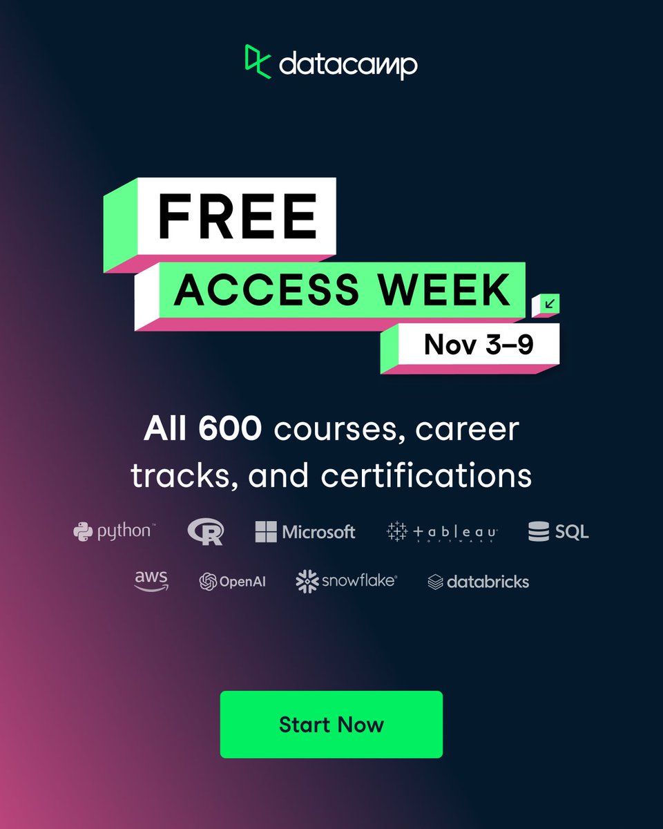 DataCamp's tweet image. 🚨 #FreeAccessWeek is LIVE 🚨

7 days. Unlimited learning. No credit card needed.

All 600+ courses, career tracks, real-world projects, and certifications are waiting.

Sign up in seconds 👉 ow.ly/PhFf50XlBVX

#DataCamp #FreeAccessWeek