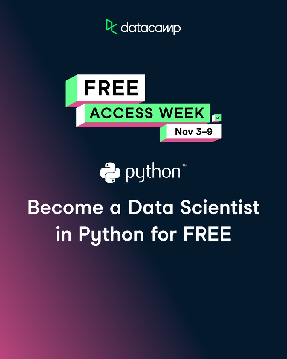 DataCamp's tweet image. 🚨 #FreeAccessWeek is LIVE 🚨

7 days. Unlimited learning. No credit card needed.

All 600+ courses, career tracks, real-world projects, and certifications are waiting.

Sign up in seconds 👉 ow.ly/PhFf50XlBVX

#DataCamp #FreeAccessWeek