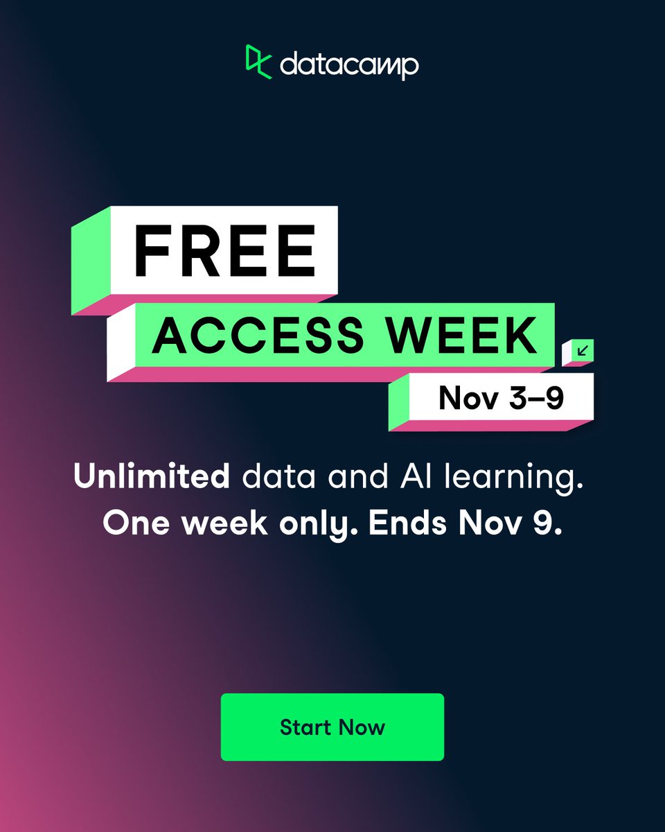 DataCamp's tweet image. 🚨 #FreeAccessWeek is LIVE 🚨

7 days. Unlimited learning. No credit card needed.

All 600+ courses, career tracks, real-world projects, and certifications are waiting.

Sign up in seconds 👉 ow.ly/PhFf50XlBVX

#DataCamp #FreeAccessWeek