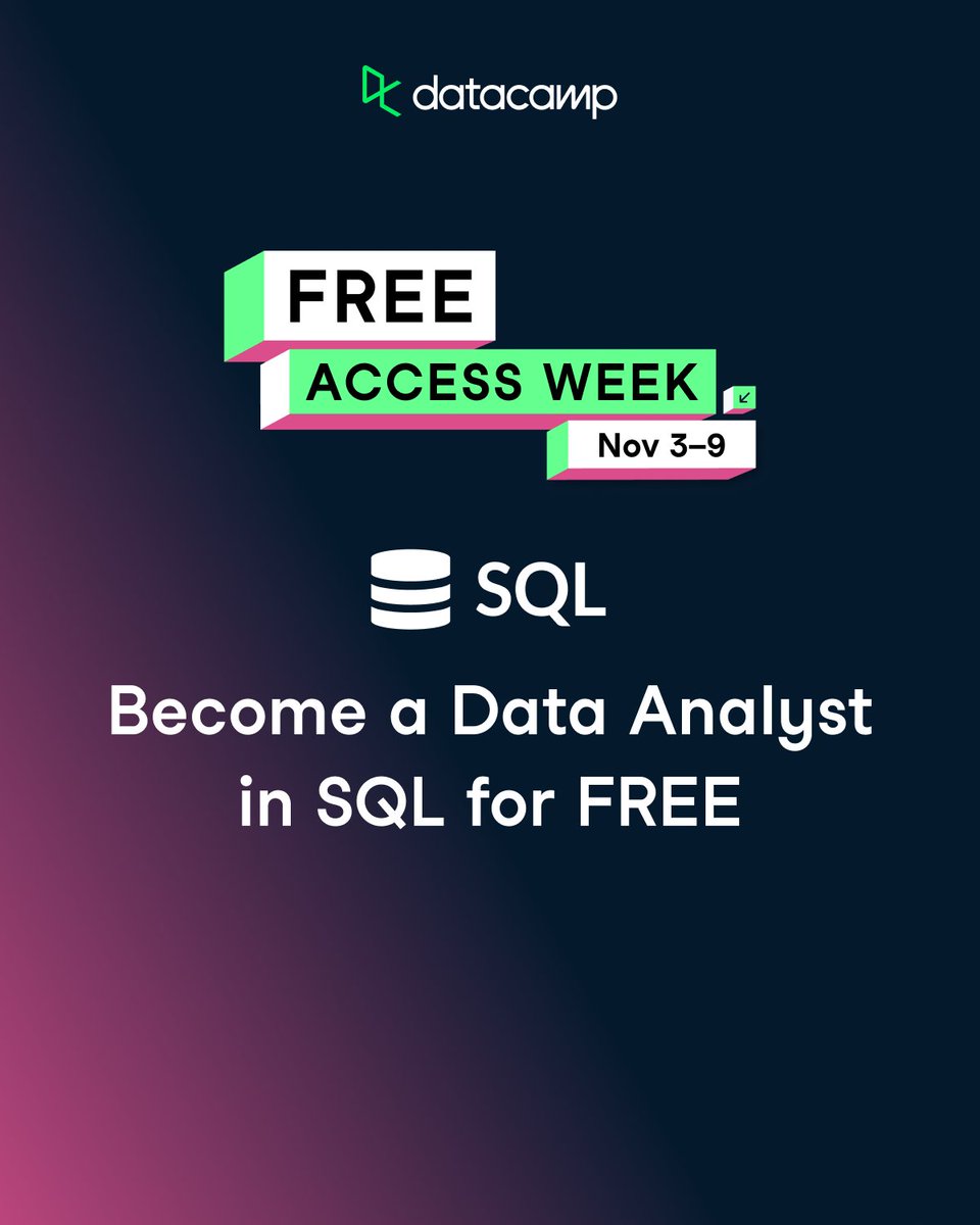 DataCamp's tweet image. 🚨 #FreeAccessWeek is LIVE 🚨

7 days. Unlimited learning. No credit card needed.

All 600+ courses, career tracks, real-world projects, and certifications are waiting.

Sign up in seconds 👉 ow.ly/PhFf50XlBVX

#DataCamp #FreeAccessWeek