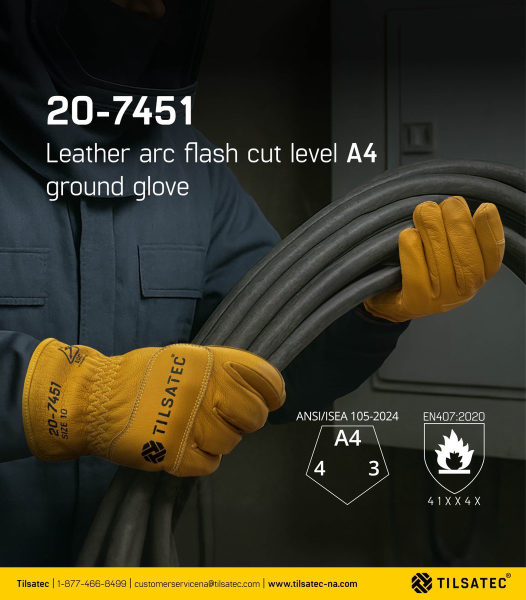 TilsatecNA's tweet photo. Introducing the NEW 20-7451 Leather Arc Flash Ground Glove. Designed for professionals who face the toughest environments to deliver protection against arc flash hazards, heat, and cuts -without compromising on comfort. Find out more today: https://t.co/k3HjAsSaYE https://t.co/lGqpTj9Yxy