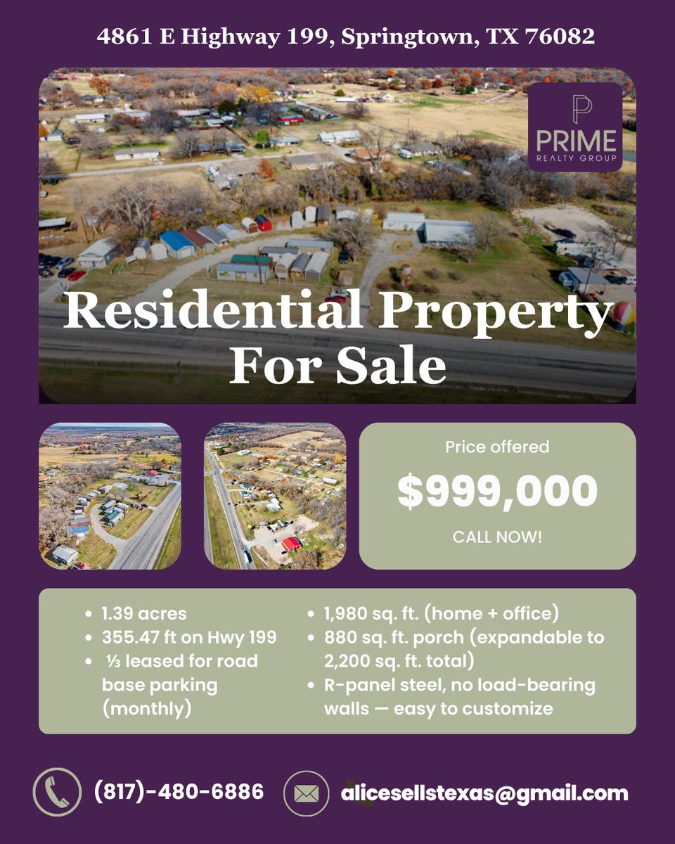 AliceWinegar1's tweet photo. 💼 New Price Alert!
📍 4861 E Highway 199, Springtown (Reno), TX

💲 Now $999,000 — High visibility in a booming area!

Alice Winegar
Realtor®
Prime Realty Group
📞 (817)-480-6886
📧 alicesellstexas@gmail.com

#TexasCommercialProperty #SpringtownTX #ParkerCounty #BusinessForSale https://t.co/CKmxA54vrF