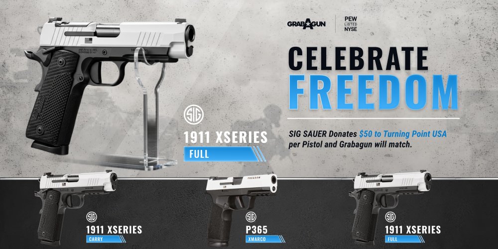 grabagun's tweet image. Celebrate Freedom with @sigsauerinc &amp;amp; GrabAGun
For every limited-edition SIG SAUER Freedom Series pistol purchased, SIG SAUER will donate $50 to @TPUSA, and GrabAGun will match it.

Support freedom while owning one of the most iconic firearms ever made.

👉 Limited quantities…