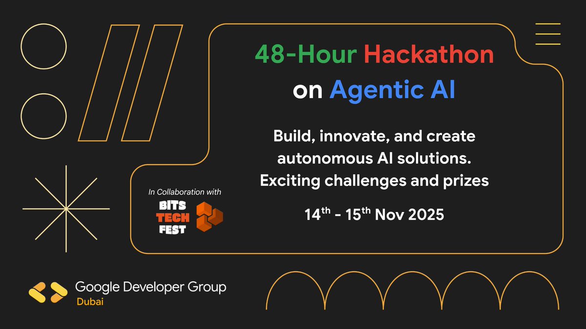 GDGDubai's tweet image. 🌟 Dubai Developers! Push AI boundaries at our 48-hour Agentic AI Hackathon &amp;amp; compete for 10,000 AED!

Build intelligent agents that think &amp;amp; act autonomously. Network with innovators!

RSVP: gdg.community.dev/events/details…

#AIHackathon #AgenticAI #DubaiTech #GDGDubai