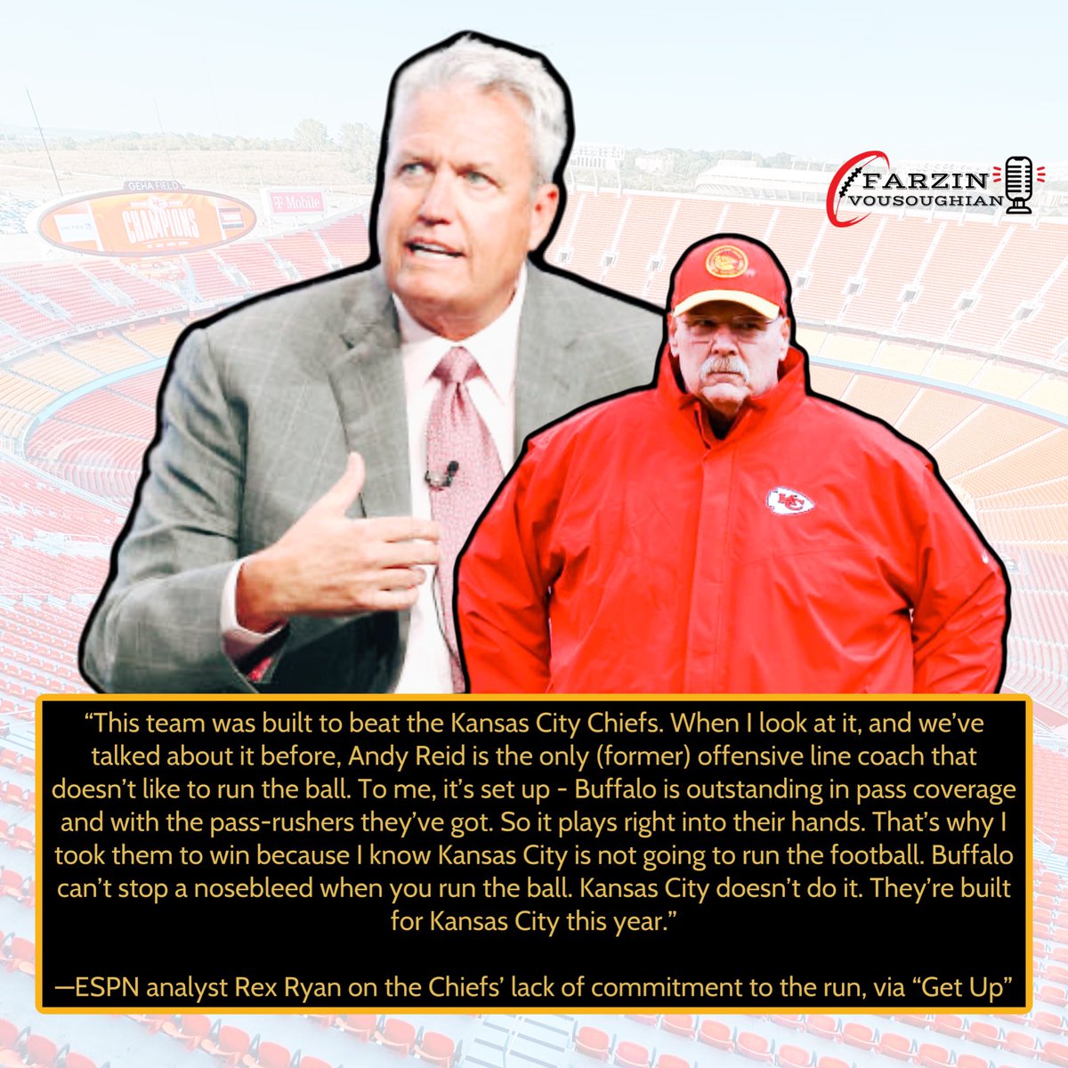 Farzin21's tweet image. Former NFL head coach Rex Ryan criticized Andy Reid for not committing to the run game on offense. He adds that he picked Buffalo to win because he predicted the Chiefs wouldn’t run the ball much.