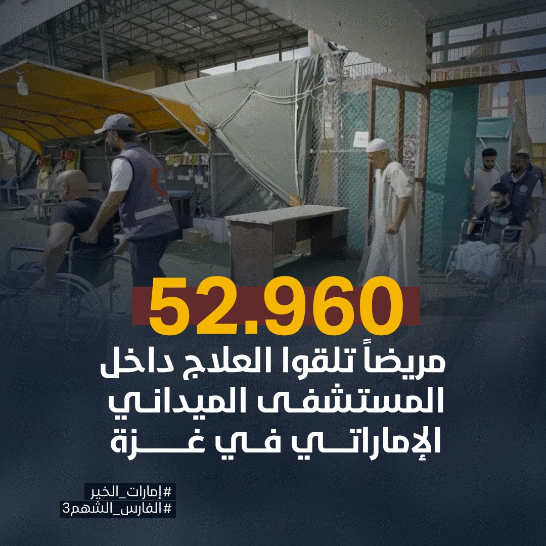 أكثر من 52,960 مريضًا تلقوا العلاج في المستشفى الميداني الإماراتي داخل غزة.
علاج ورحمة من قلوب الخير.
#إمارات_الخير #الفارس_الشهم3
