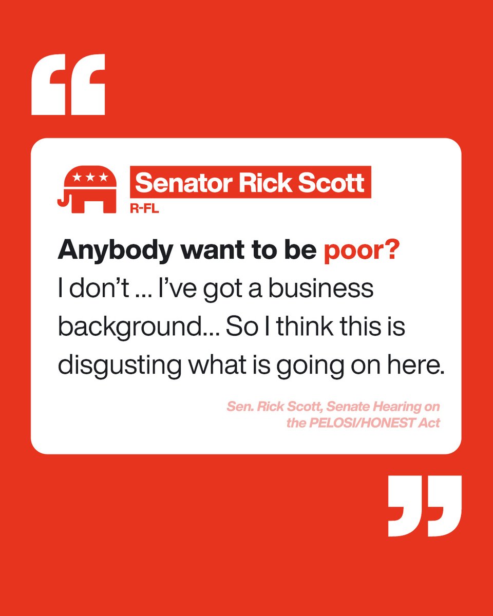 SubversiveETFs's tweet image. Rick Scott says he doesn’t want to be poor—and he defends Congress’ right to trade stocks based on privileged information. 

Whether or not you think insider trading should be legal, with Subversive ETFs you can seek to profit whenever your elected officials do.
